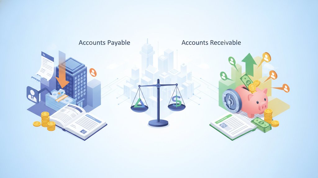 Illustration comparing accounts payable and receivable, with bills, invoices, money flow, and a balance scale showing the two sides of cash flow.
