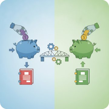 Illustration comparing accounts payable and receivable, with bills, invoices, money flow, and a balance scale showing the two sides of cash flow.