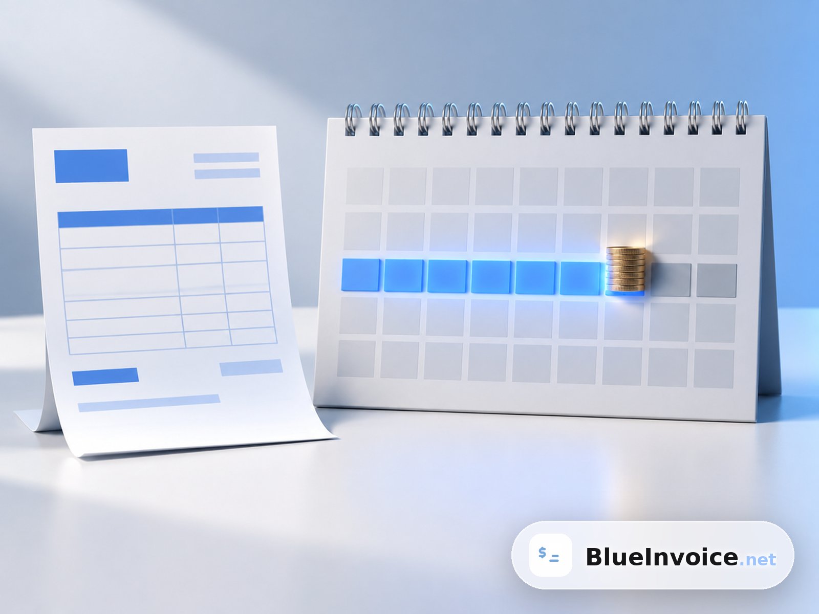 An invoice sheet linked by a run of glowing calendar days to a stack of coins, showing the days sales outstanding gap between billing and payment