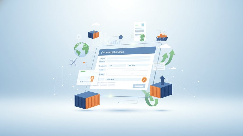 Modern illustration of organized shipping documents and international trade symbols arranged on a bright workspace, representing commercial invoice requirements.