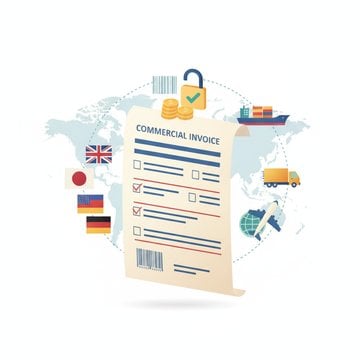 Modern illustration of organized shipping documents and international trade symbols arranged on a bright workspace, representing commercial invoice requirements.