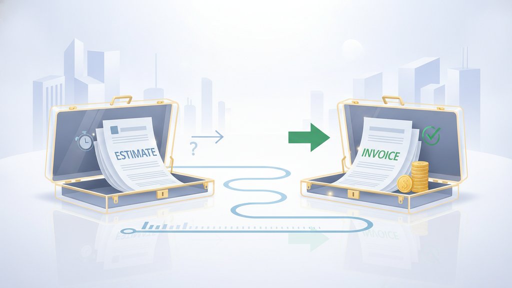 Modern illustration showing a document comparison scene with an estimate form and invoice side by side, symbolizing business billing processes.