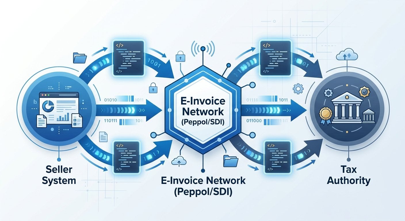 Diagram showing EU e-invoicing structured data flow between buyer, seller, and tax authority