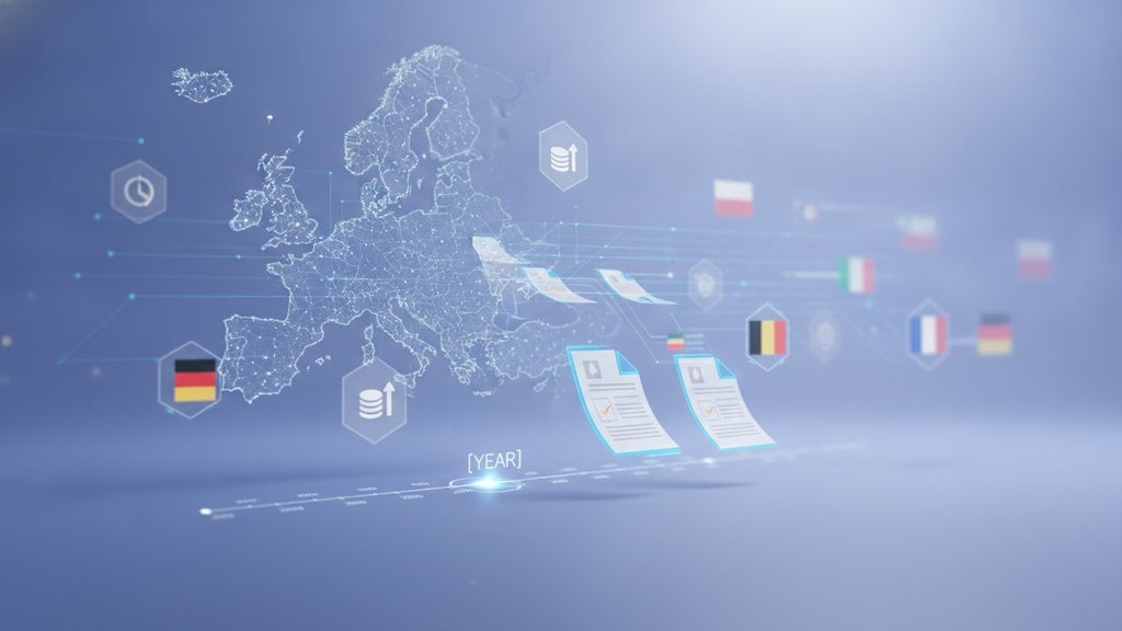Modern illustration showing interconnected European maps and digital documents flowing across a bright, professional workspace representing EU e-invoicing compliance requirements.