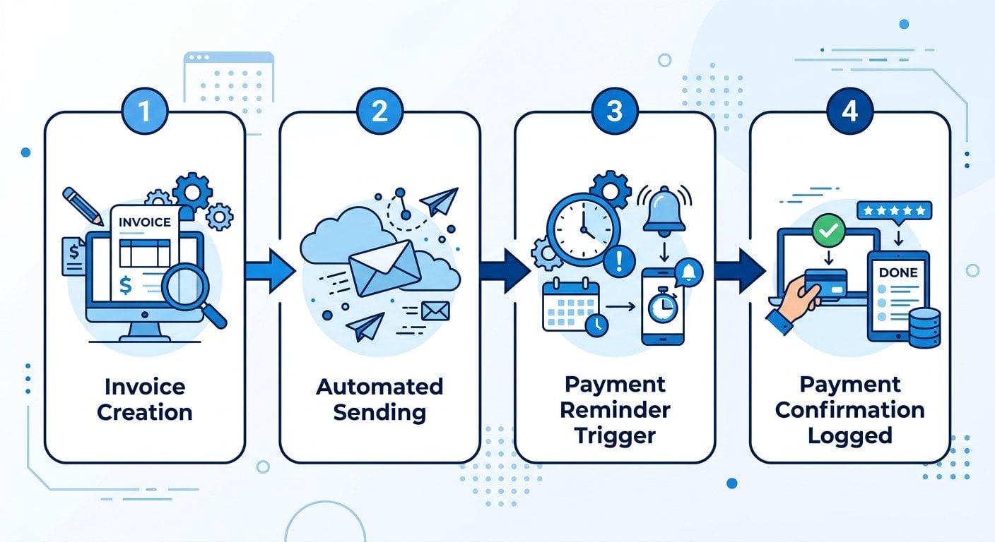 Invoice automation workflow showing automated invoice processing from creation to payment