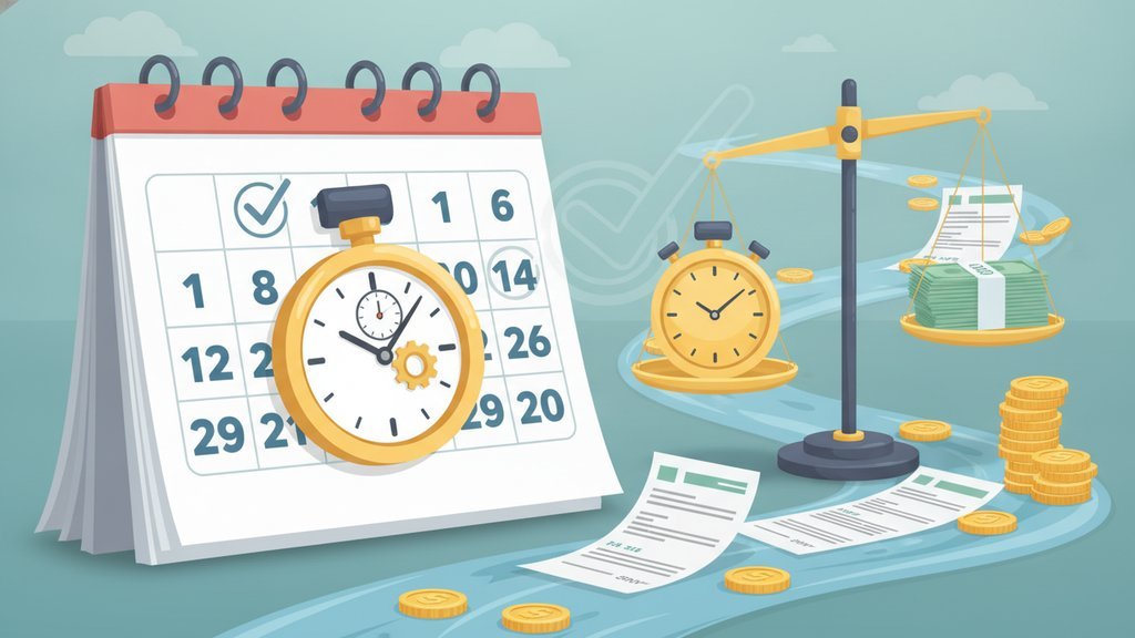 Illustration of invoice payment terms, featuring a calendar, stopwatch, documents, money, and a balance scale representing due dates, deadlines, and cash flow.