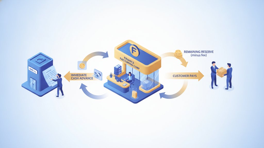 Isometric illustration showing a business exchanging unpaid invoices for immediate cash through an invoice factoring company, with arrows tracing the full payment cycle.