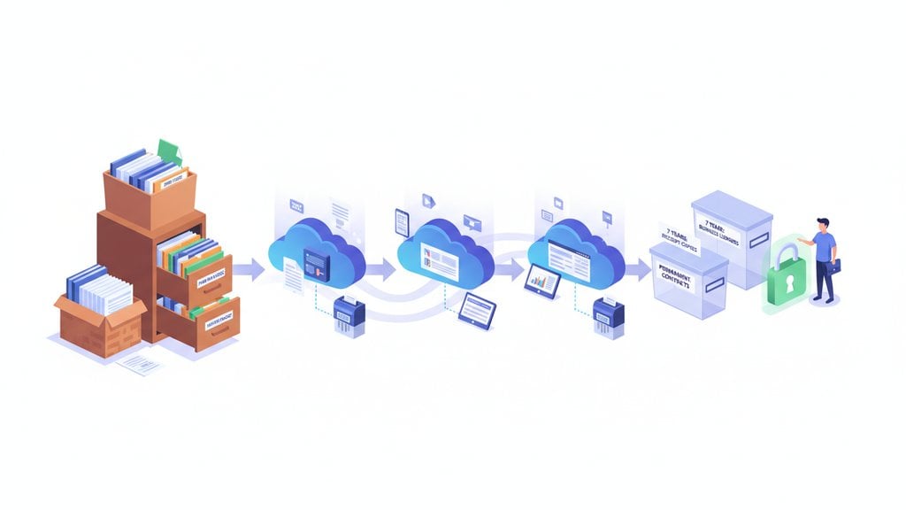 Invoice record keeping workflow from physical document storage to cloud archiving with 7-year financial retention requirements