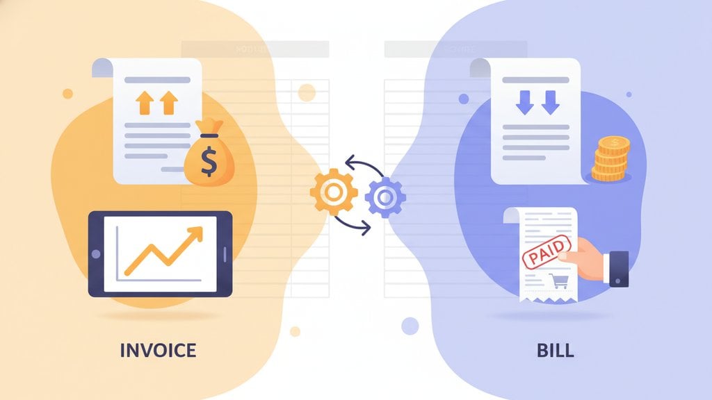 Illustration showing an invoice and a bill as two perspectives of the same payment request document in accounting