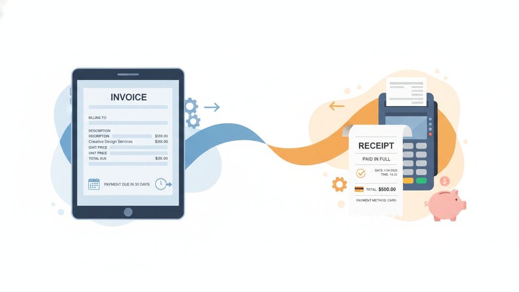 Invoice and receipt documents side by side illustrating the difference between requesting and confirming payment
