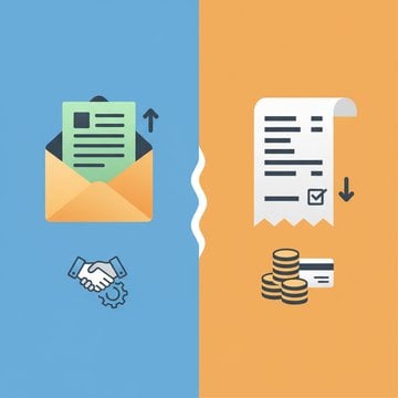 Invoice and receipt documents side by side illustrating the difference between requesting and confirming payment