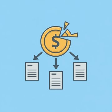 Two invoices showing phased billing with growth charts, gear icons, and coin stacks, connected by arrows to a percentage pie chart representing installment payment breakdowns.