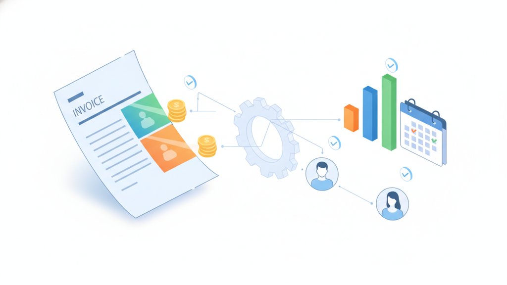 Two invoices showing phased billing with growth charts, gear icons, and coin stacks, connected by arrows to a percentage pie chart representing installment payment breakdowns.