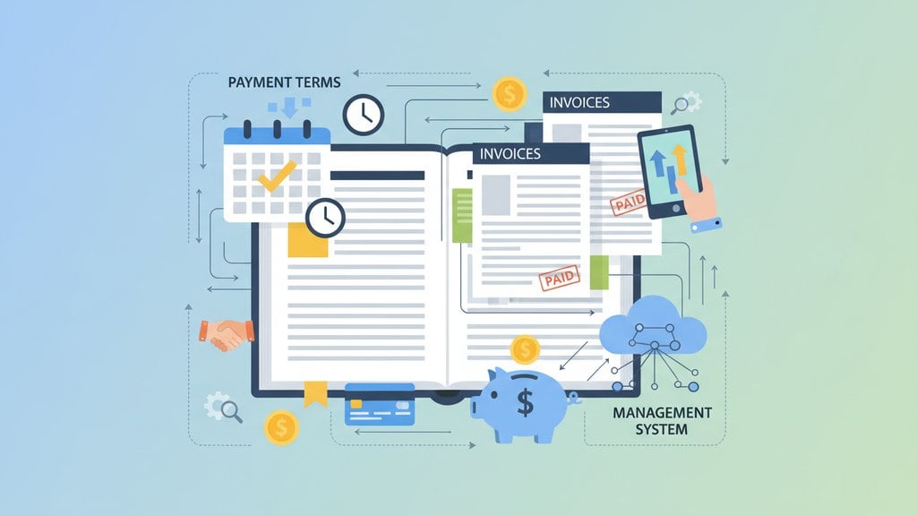Illustration of a financial management system showing invoices, payment terms, a calendar, piggy bank, credit cards, coins, and cloud network connected by arrows