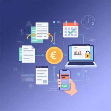 Illustration of a financial management system showing invoices, payment terms, a calendar, piggy bank, credit cards, coins, and cloud network connected by arrows