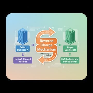 Illustration of a reverse charge invoice showing the VAT liability shifting from seller to buyer, with key invoice fields including VAT number, zero percent VAT, and reverse charge statement highlighted on a business document