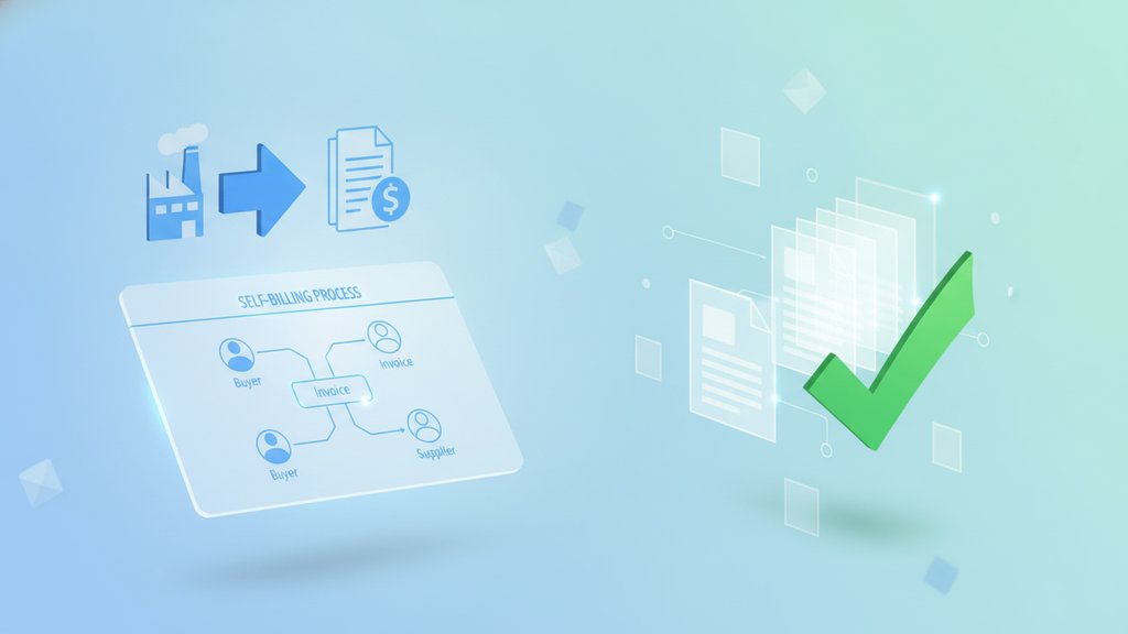 Minimal self-billing process diagram with buyer, invoice, and supplier icons connected by arrows and a large check mark.