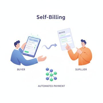 Minimal self-billing process diagram with buyer, invoice, and supplier icons connected by arrows and a large check mark.