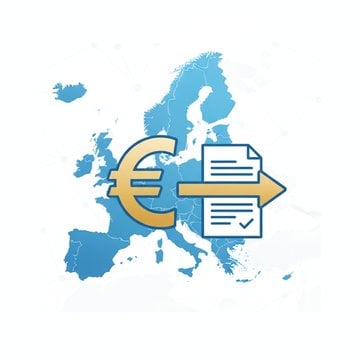 Modern illustration showing interconnected European maps and digital documents flowing across a bright, professional workspace representing EU e-invoicing compliance requirements.