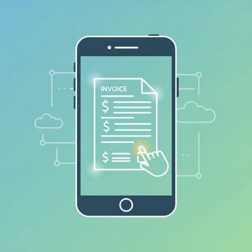 A professional holding a smartphone with an invoice displayed on screen, surrounded by floating digital elements representing mobile invoicing and payments in a modern workspace.
