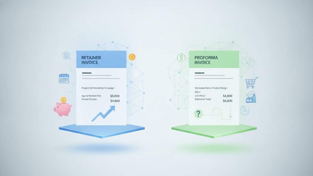 Two invoices side by side illustrate the difference between a retainer invoice and a proforma.
