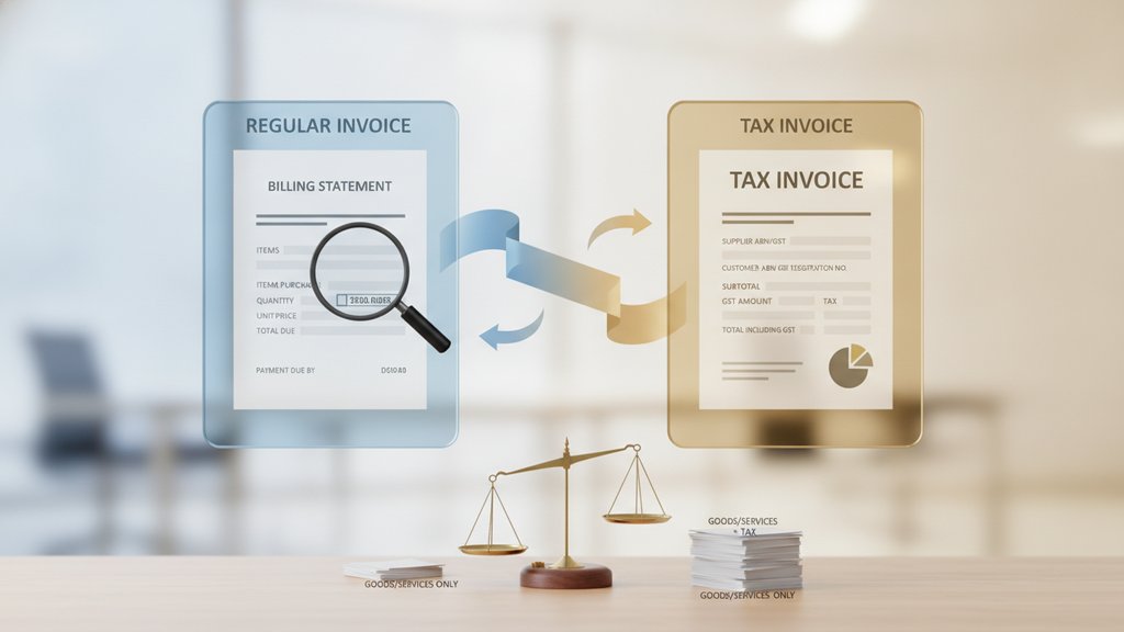 Modern illustration comparing tax invoices and regular invoices with contrasting document layouts, checkmarks, and financial symbols on a bright professional background.