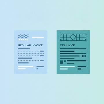 Modern illustration comparing tax invoices and regular invoices with contrasting document layouts, checkmarks, and financial symbols on a bright professional background.