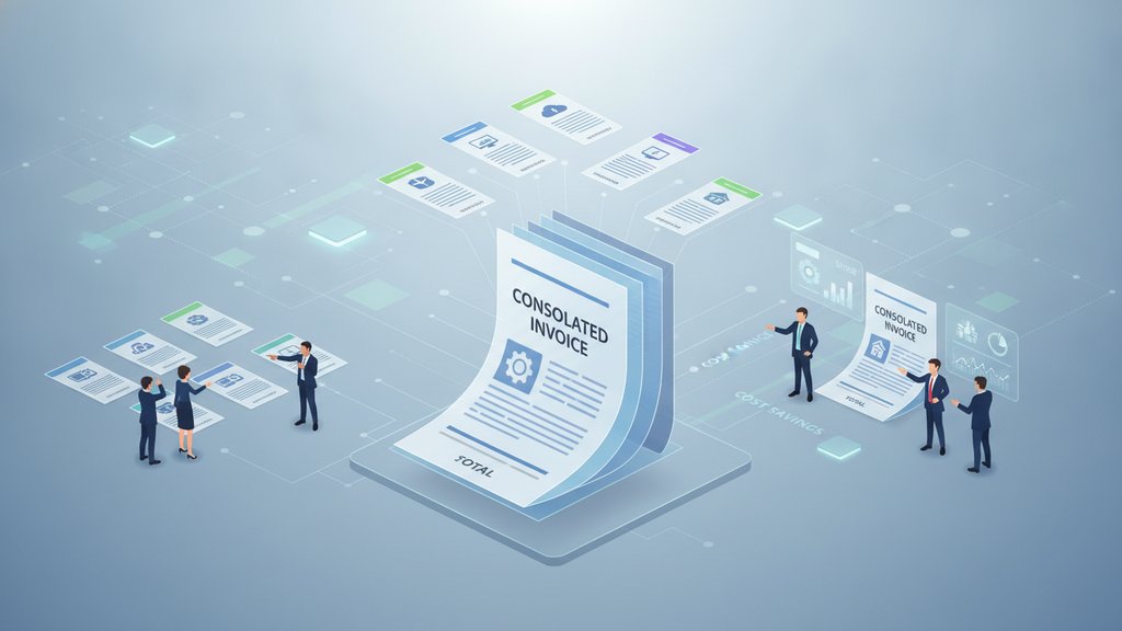 A professional illustration showing multiple invoices merging into one consolidated invoice document on a clean desk.
