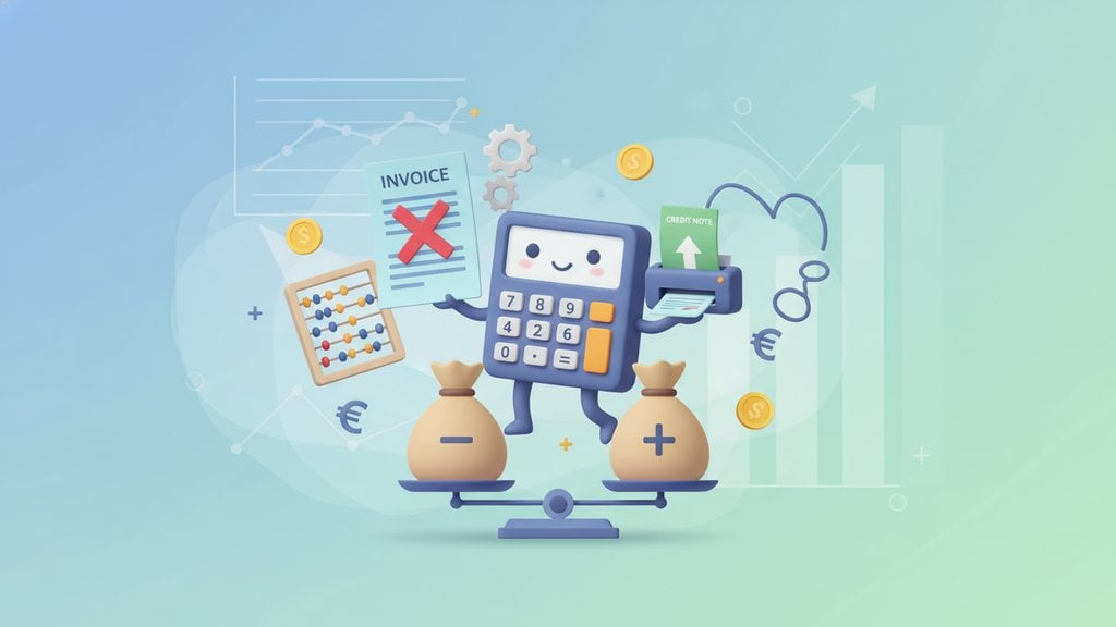 Illustration of a calculator character balancing a cancelled invoice and a credit note on a scale