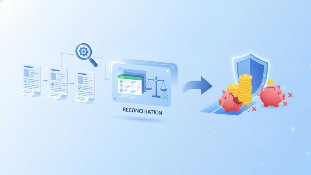 A professional reviewing invoices and financial documents at a bright, organized desk to catch costly errors during reconciliation.