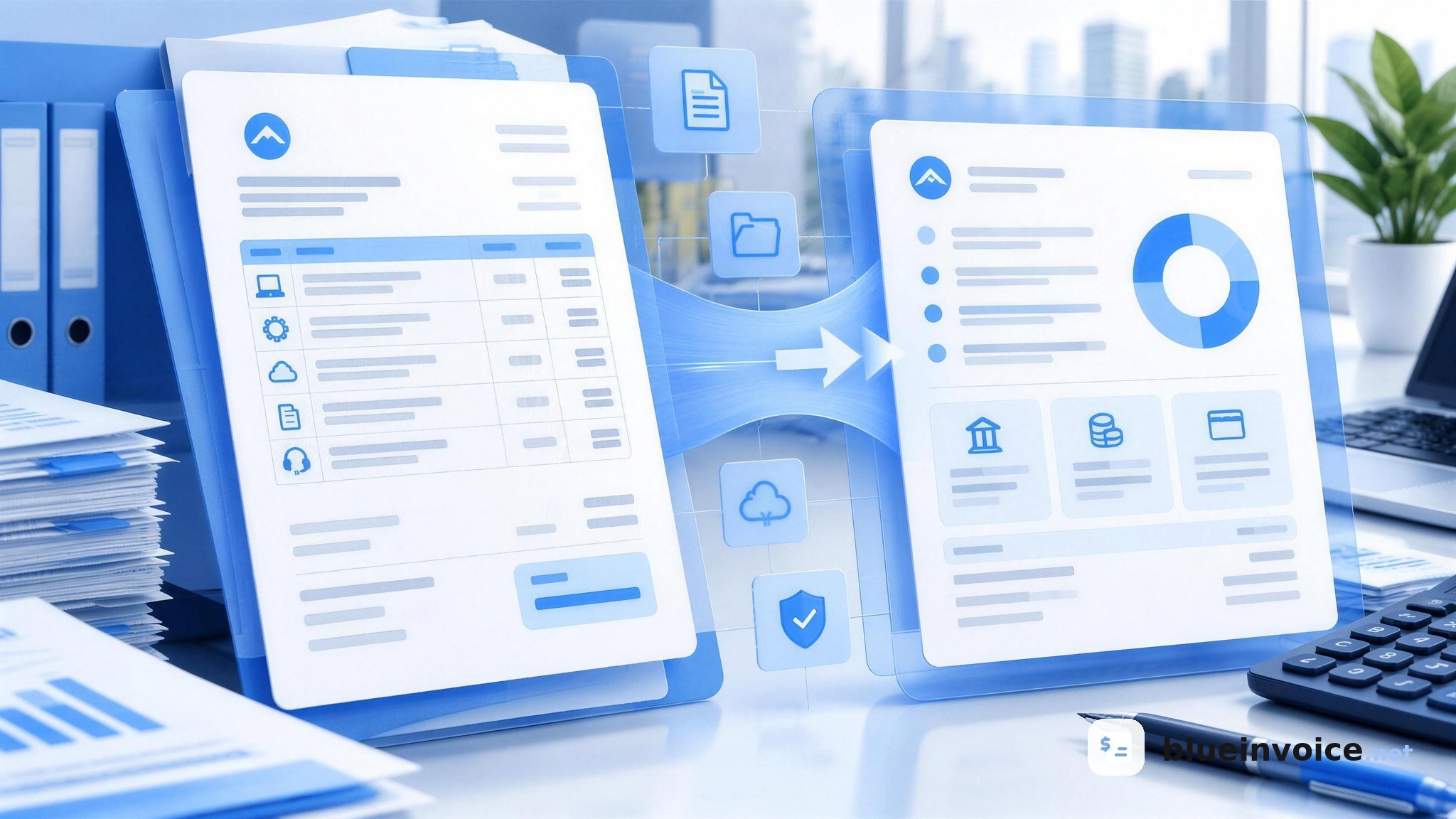 Illustration of a statement of account, showing organized financial documents, transaction records, account summaries, and a chart representing balances and outstanding payments.